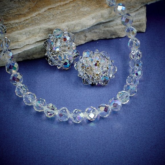 Crystal Necklace & Earrings Set, Dainty Vintage Choker Necklace - Picture 4 of 10